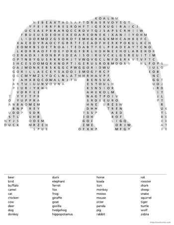 shaped word search animals